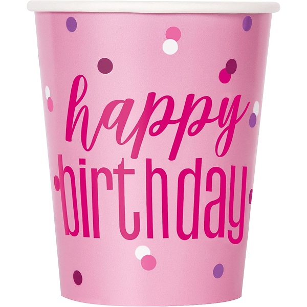 Kel�mky pap�rov� Happy Birthday r��ov� 266 ml 8 ks