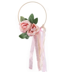 Dekorace svatebn� Kruh s kv�ty a stuhou r��ov� 19,5 cm
